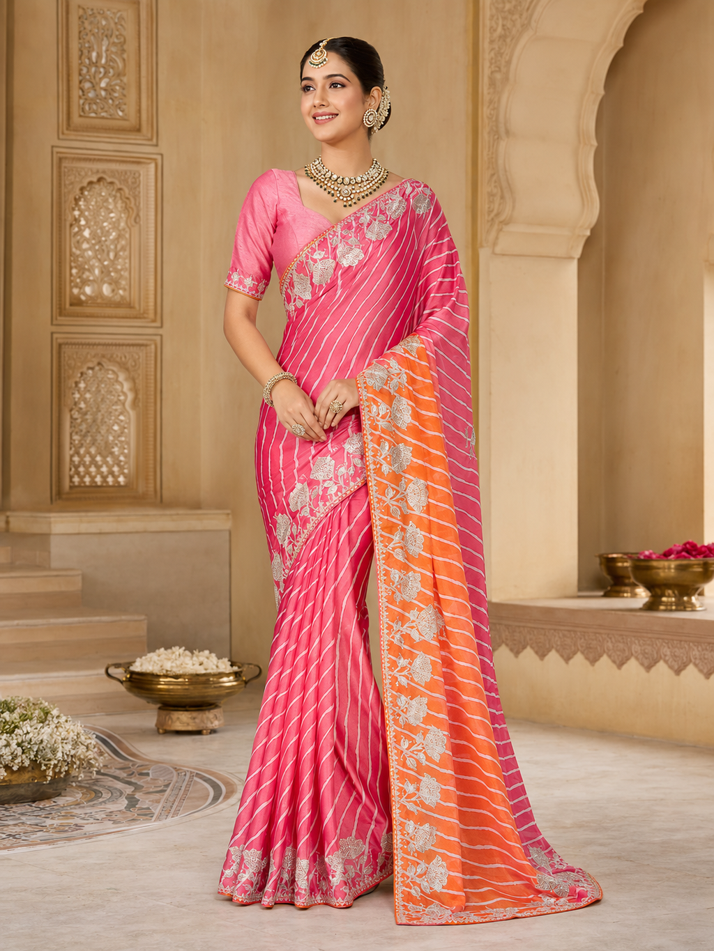 Blushing Sunset Silk Tilfi Leheriya Saree with Handcrafted Gota Patti