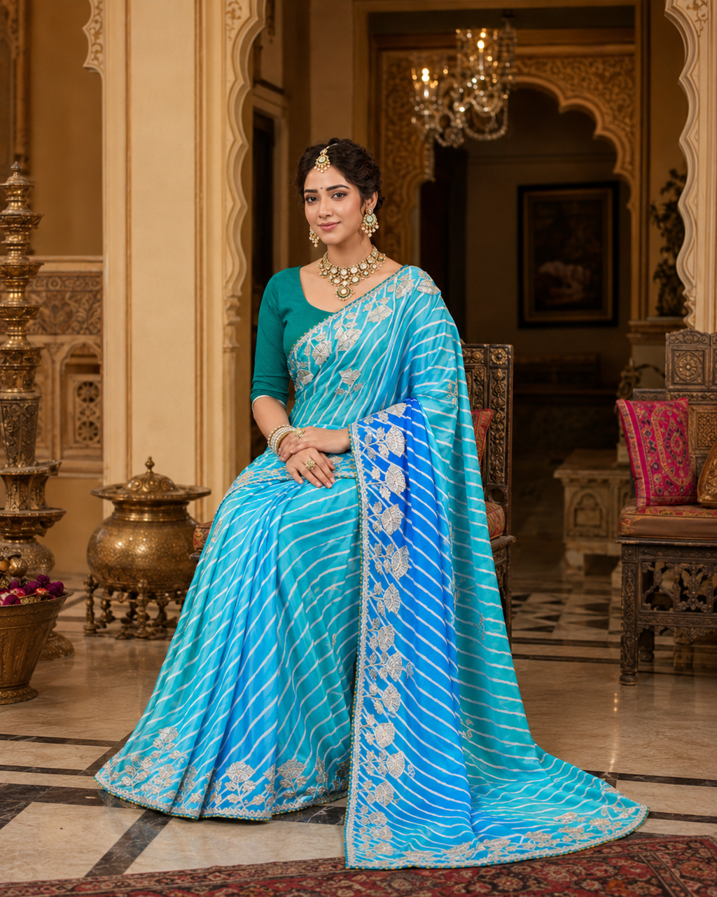 Azure Splendor Silk Tilfi Leheriya Saree with Handcrafted Gota Patti