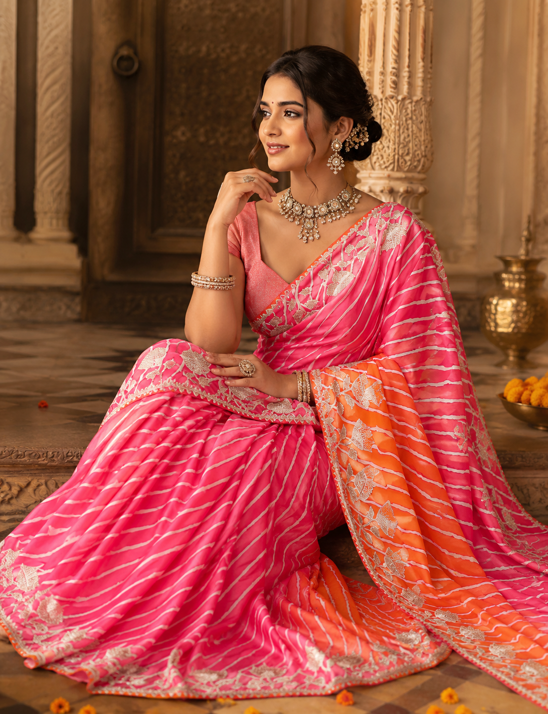 Blushing Sunset Silk Tilfi Leheriya Saree with Handcrafted Gota Patti