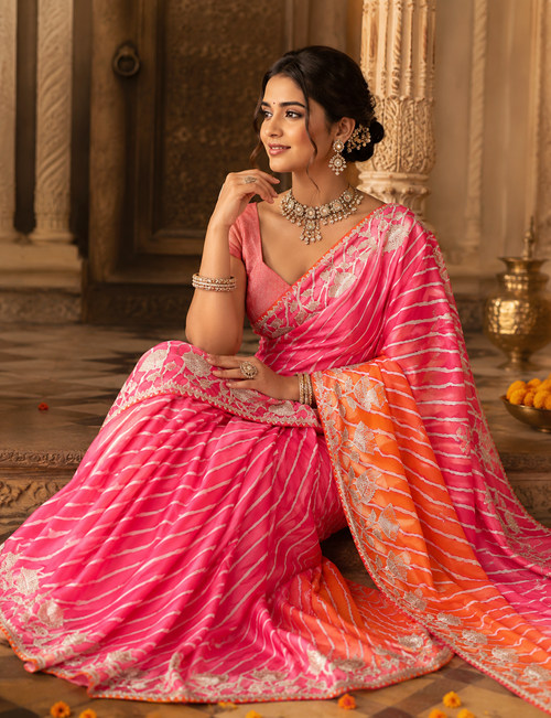 Blushing Sunset Silk Tilfi Leheriya Saree with Handcrafted Gota Patti